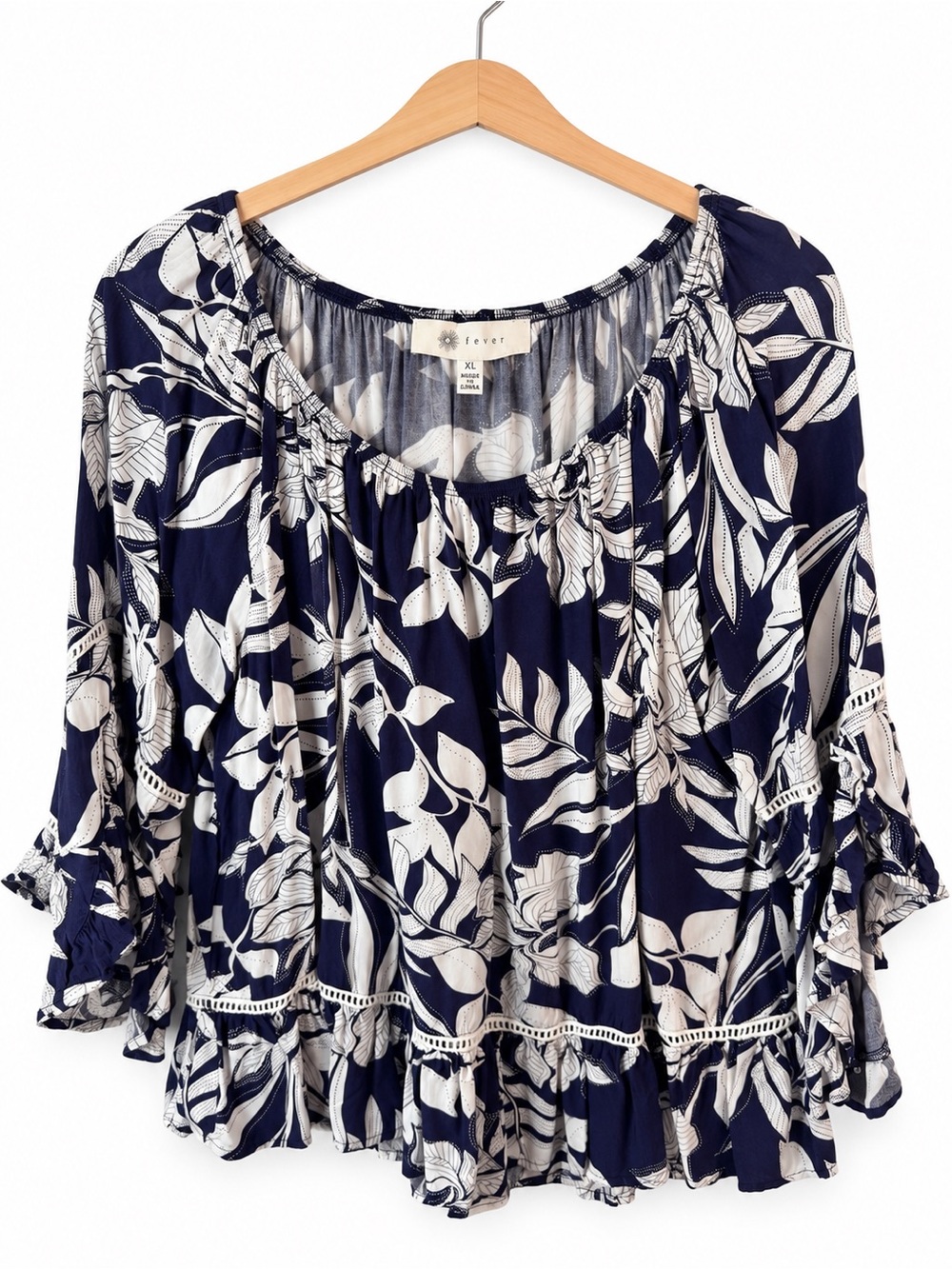 Fever Navy White Floral Peasant Blouse XL Boho Ruffle Bell Sleeve Tunic Top